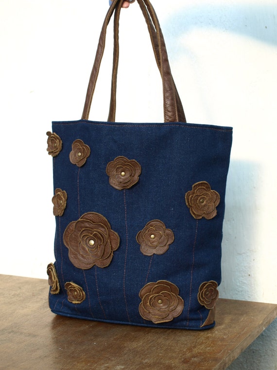 brown leaher tote floral tote brown leather bag Denim