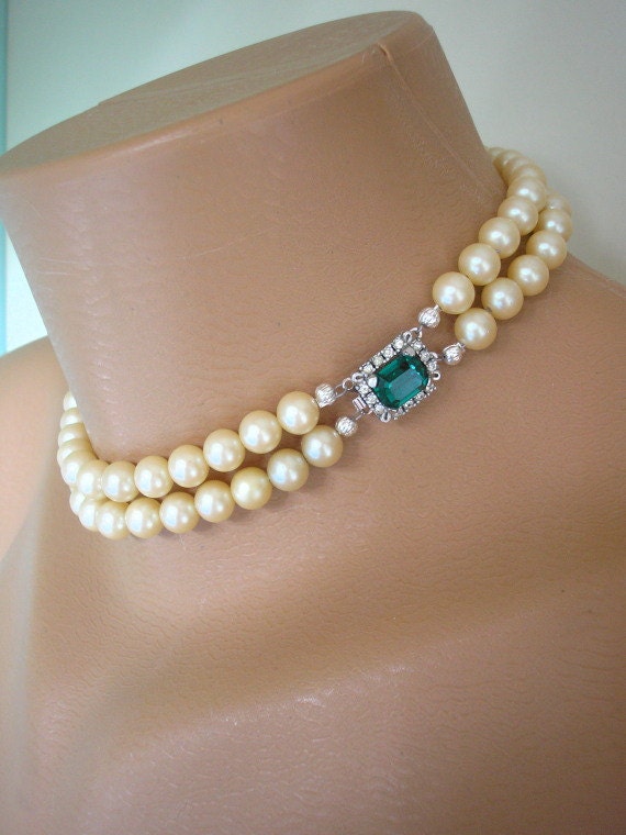 Emerald Necklace Pearl Choker Emerald and Pearl Great