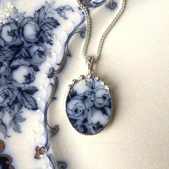 Broken china jewelry oval pendant necklace antique 1880's Flow Blue roses floral china