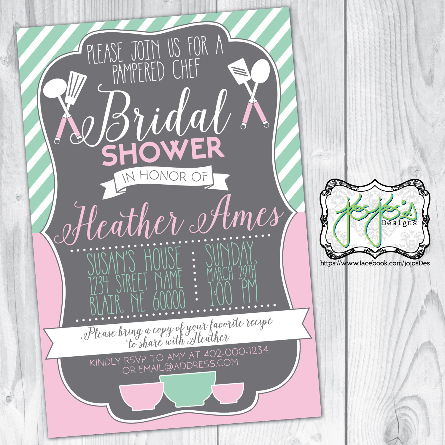 Pampered Chef Bridal Shower Invitation Blush Pink & Mint