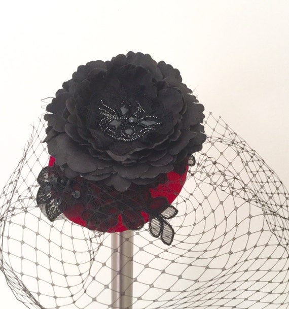 Red and Black Cocktail Hat with veil.