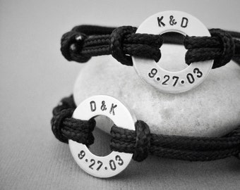 Matching stamped bracelet Set with Custom Date and Initials, 2 Bracelet Set, Adjustable Paraline cord, Couples Set, Custom Stamped Disc