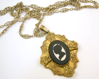 Victorian Revival Black and White Silhouette Cameo Necklace Gold Filled