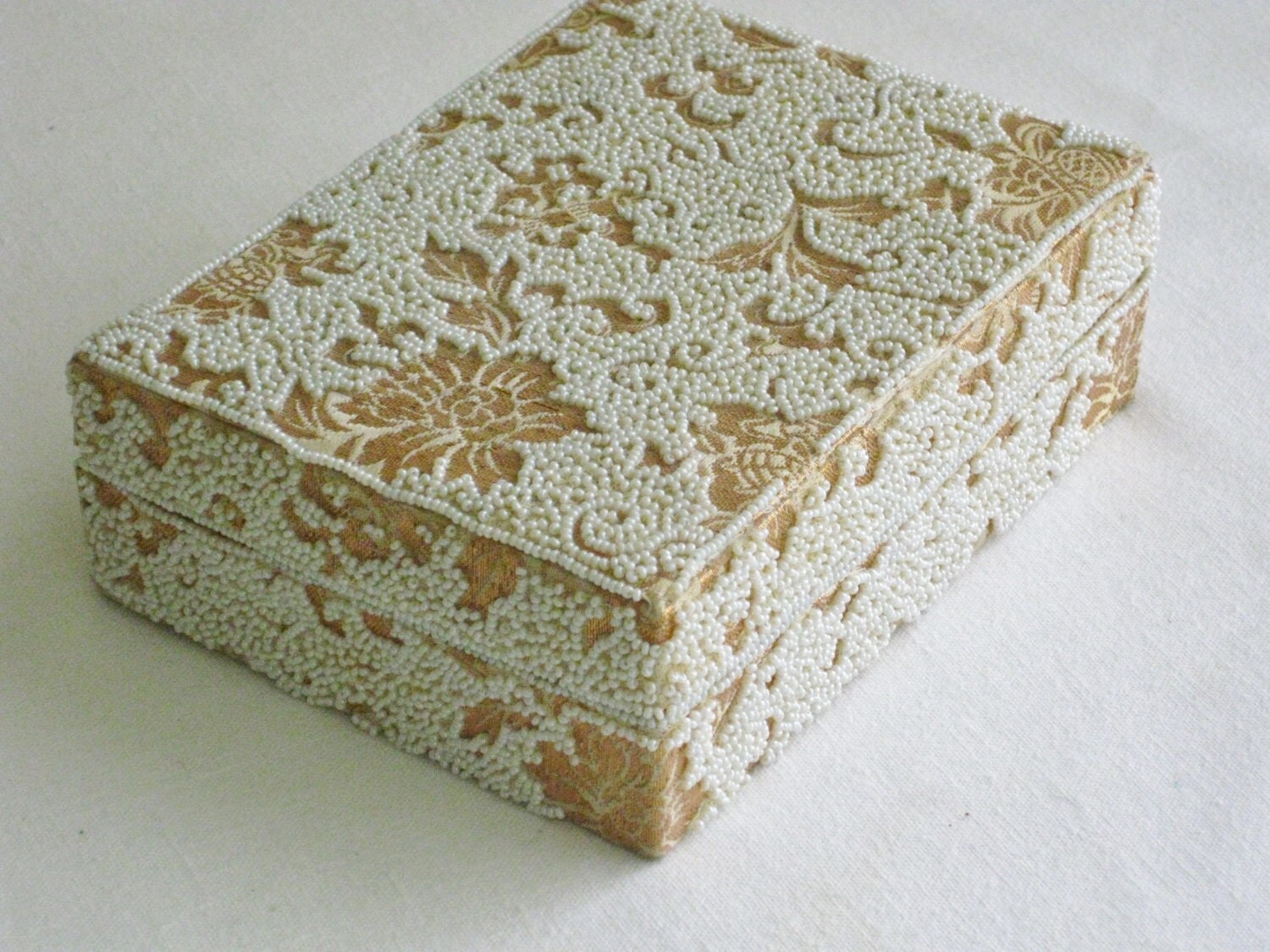 Vintage Beaded Fabric Keepsake Box, Small Hinged Jewelry Box, Dresser