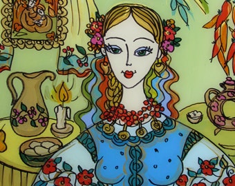 Ukrainian Traditional Glass Paintings, At The Kitchen, Ukrainian Folk Art