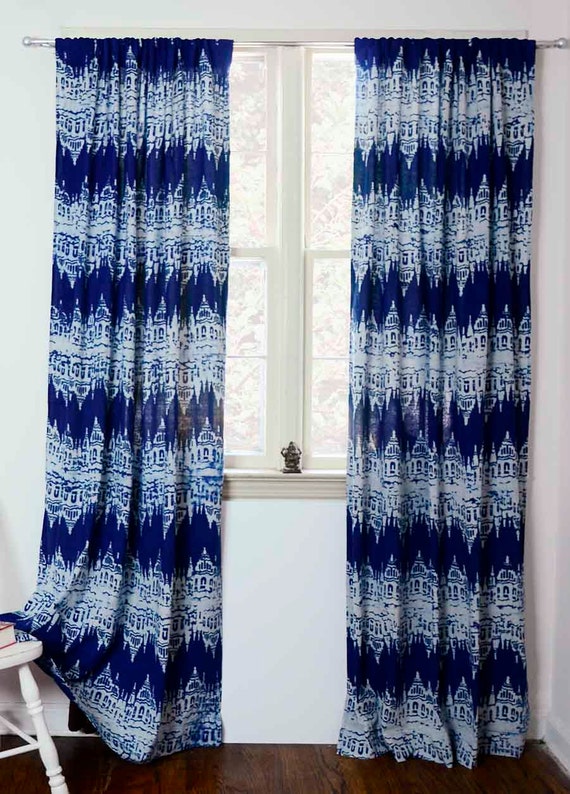 Blue Window curtain Curtains Indigo Blue Block Print