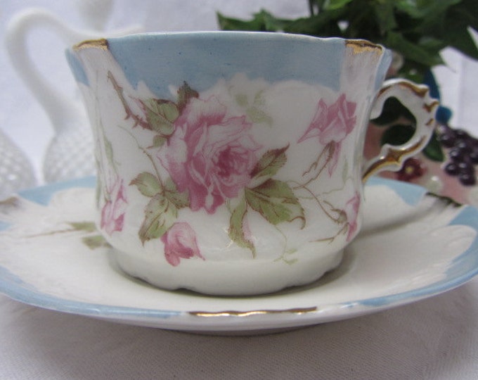 Antique Early 1900's Weimar Bone China Cup and Saucer Light Blue Rim with Pink Roses, Antique China Cup and Saucer, Pink Rose Cup Saucer Set