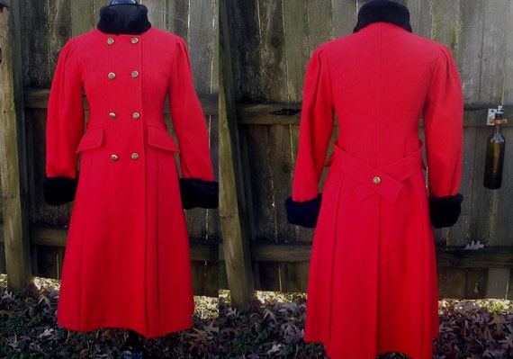 Womens Vintage Coat - Womens Double Breasted Coat - 80s Coat in Red with Black Faux Collar by Rothschild Estimated Size 2