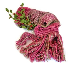 Knit Scarf, Pink Scarf, Rose Scarf, Hand Knit Scarf, Women's Scarf, Fashion Scarf, Fiber Art, Pink and Green Scarf,
