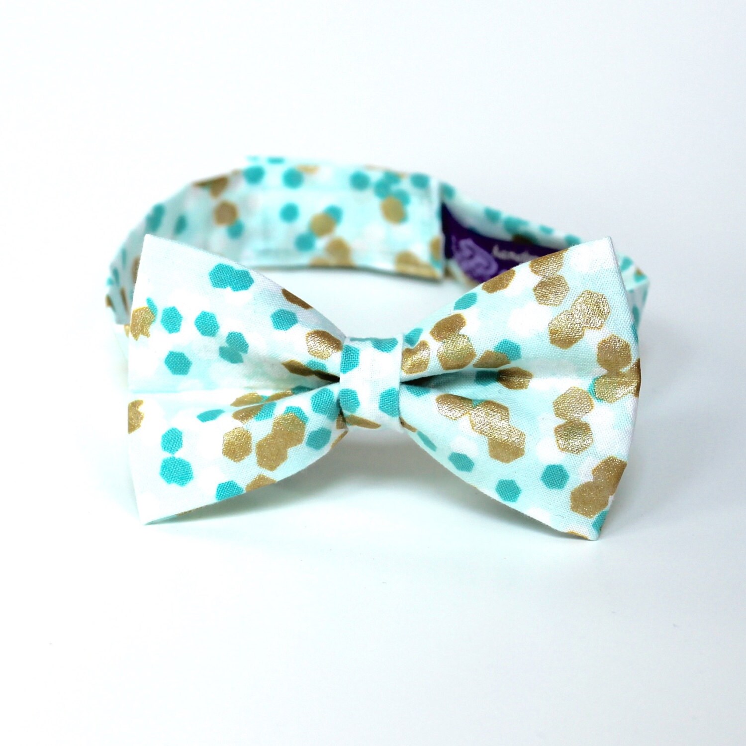 Mint Green Kid's Bow Tie with Gold and White Polka Dots