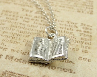 Open Book Necklace, Silver Plated Open Book Charm on a Silver Cable Chain