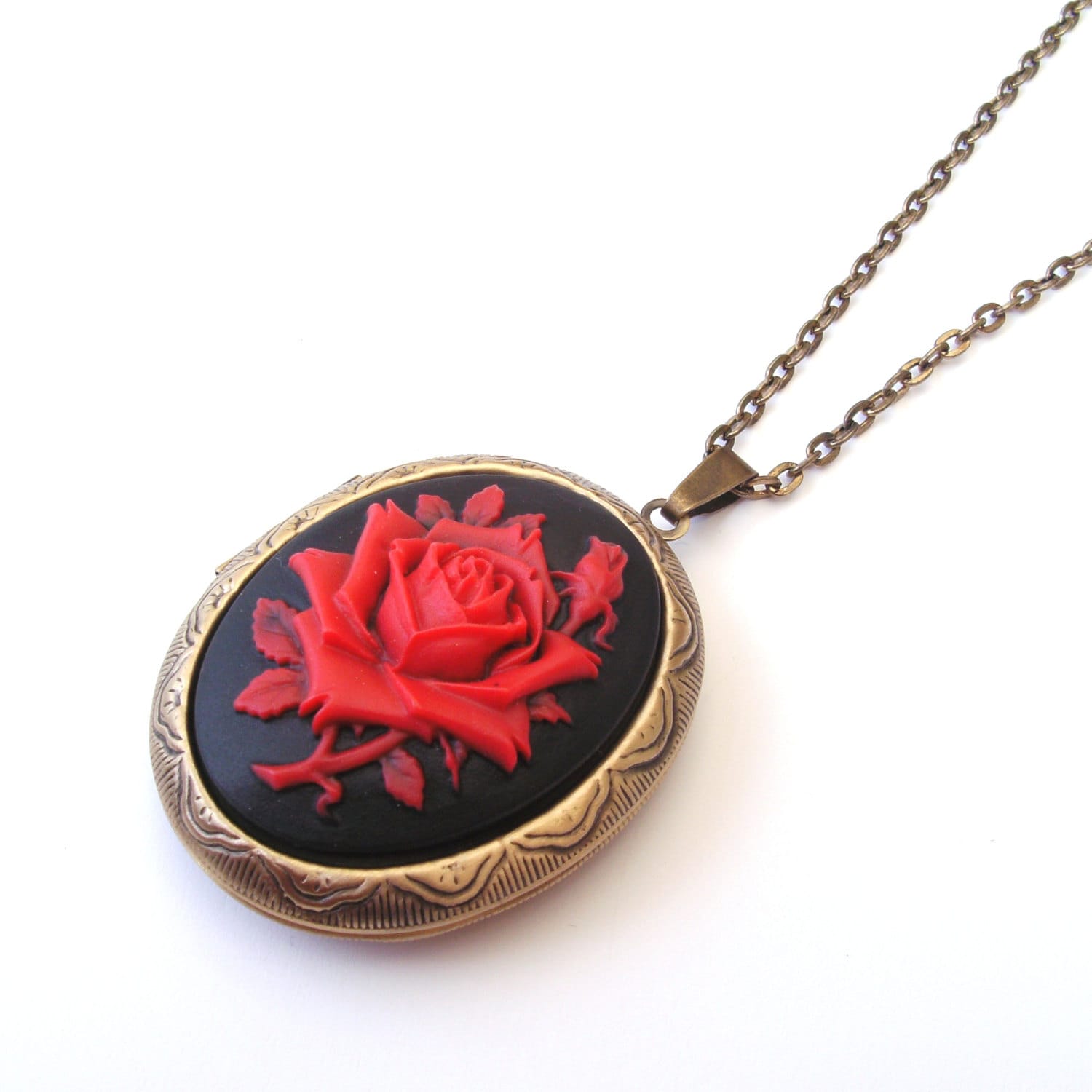 Gothic Rose Locket Black and Red Rose Cameo Locket Necklace