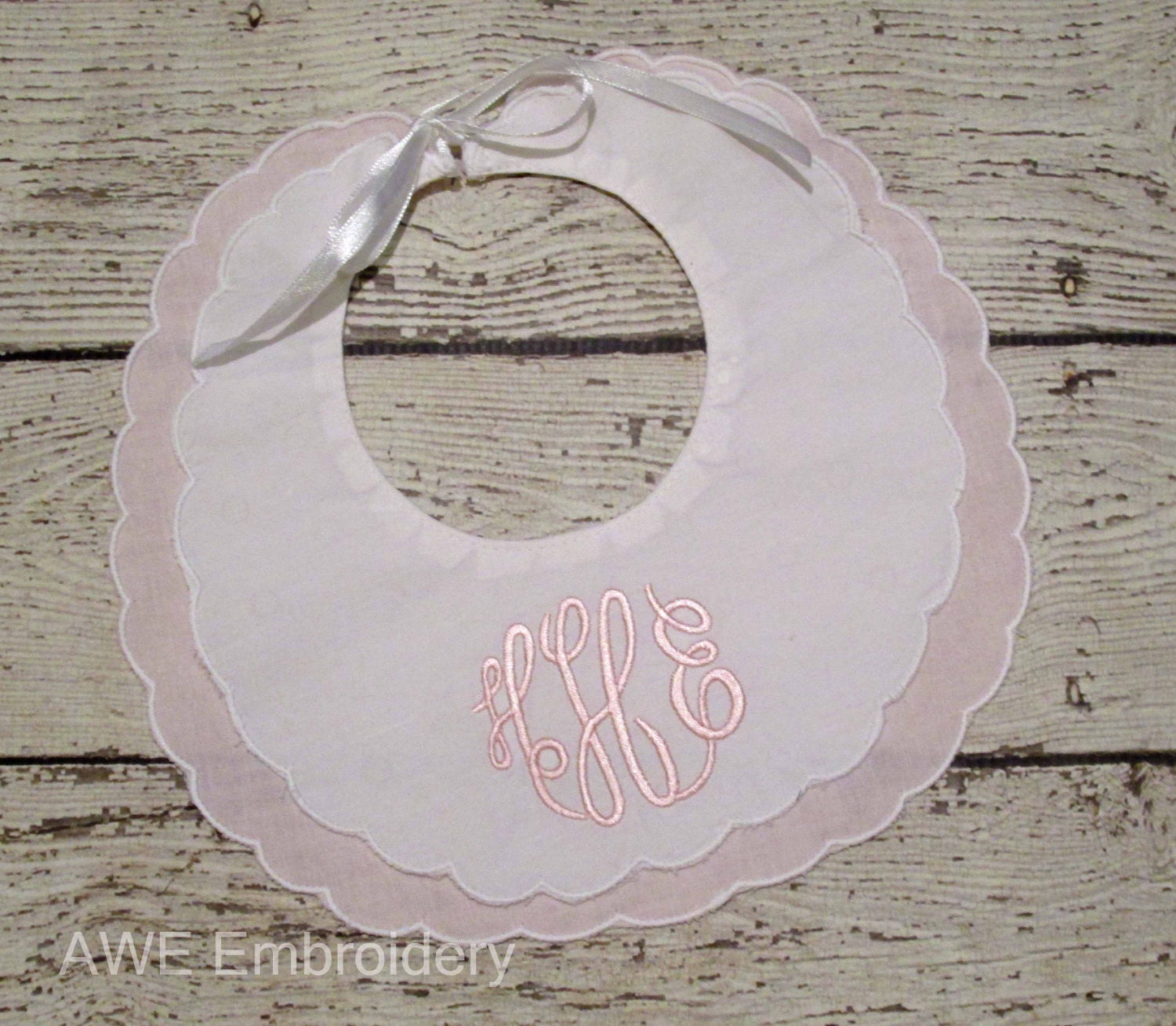 Monogrammed Scalloped Bib for Baby Girl Baptism by AWEembroidery