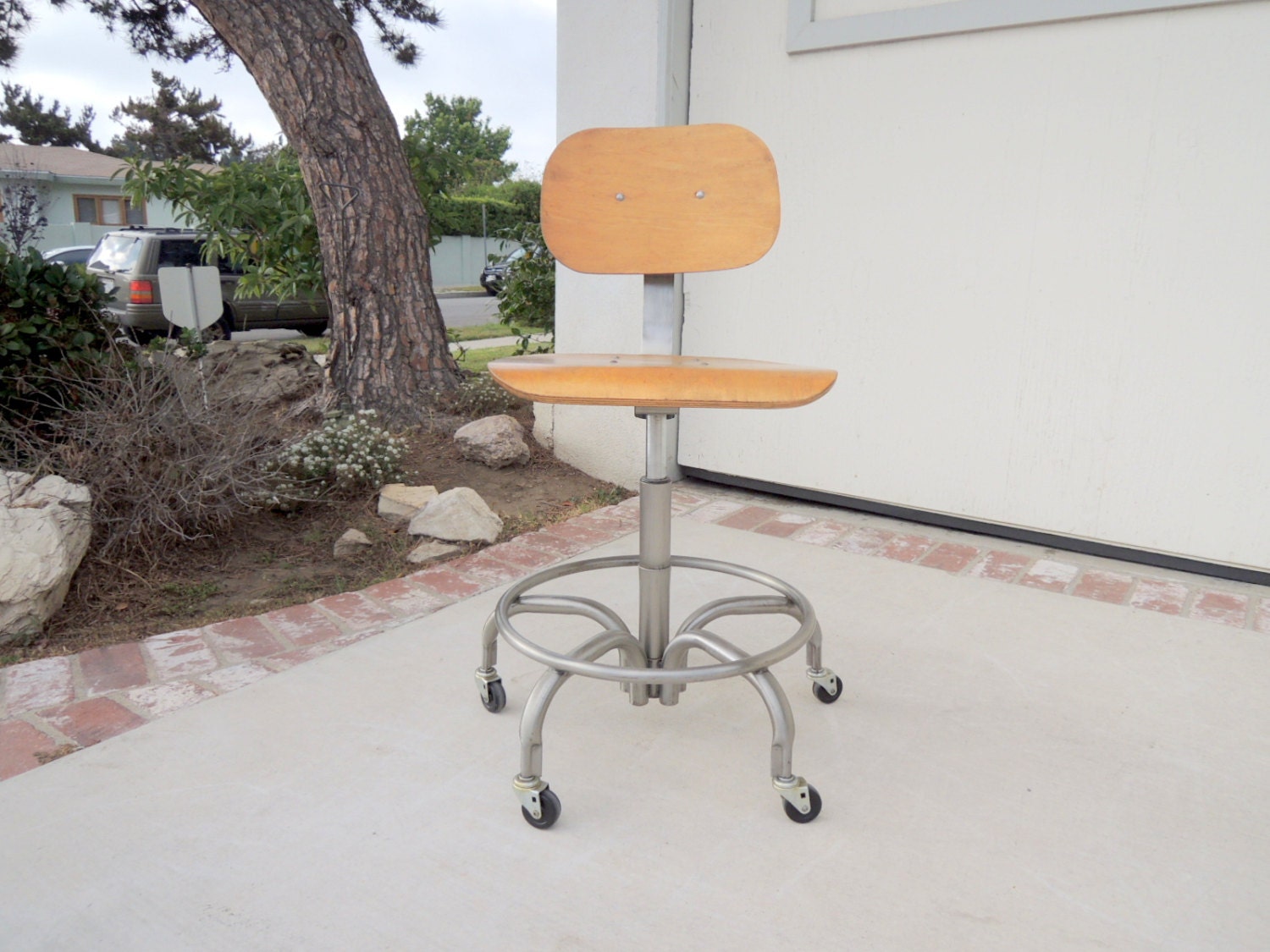 MID CENTURY MODERN Swivel Drafting Desk Chair in Wood (Los Angeles