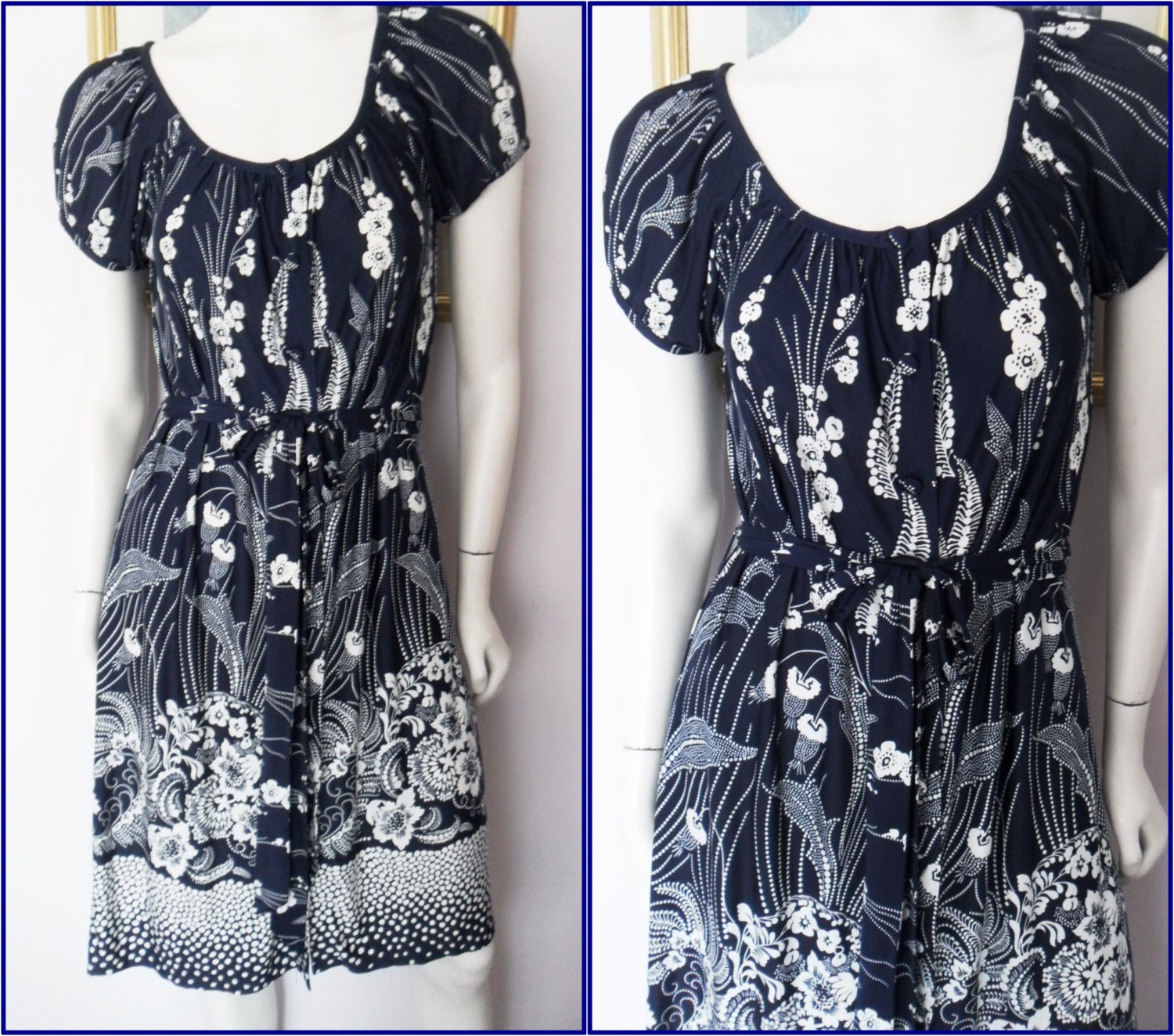 Flower Print Navy Blue Belted Dress