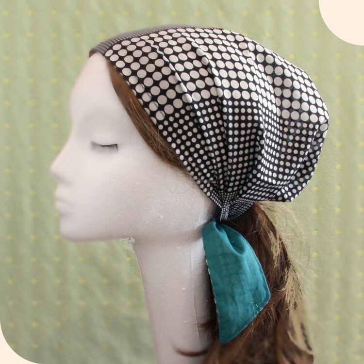 Head cover scarf Cotton Black Polka Dots on White