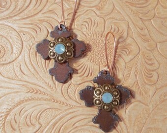 Western Christian Cowgirl Cross Earrings with Pacific Opal Swarovski Crystal and Copper Ear Wires