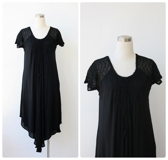 On SALE. Black boho India gauze dress rayon embroidered black