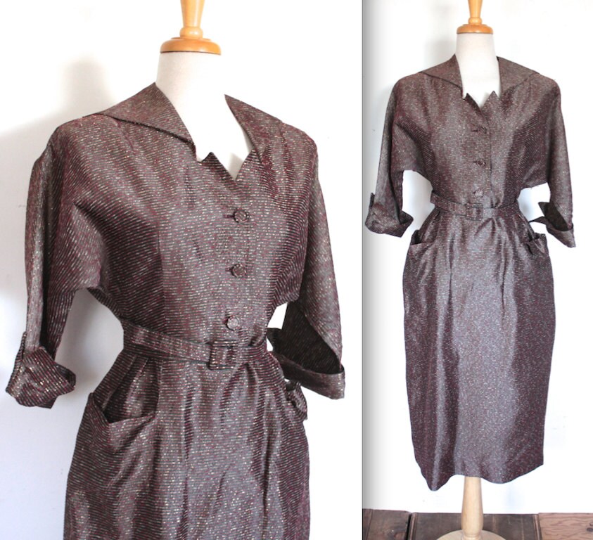 Vintage 1950's Dress // 50s Metallic Striped Taffeta Dress