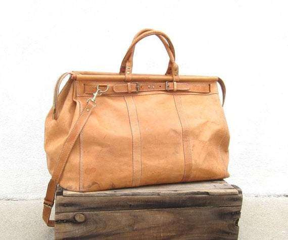 Vintage Large Distressed Tan Leather Birkin Style Travel Duffel Bag w ...