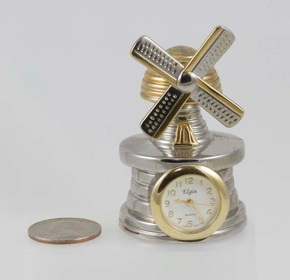 Vintage Elgin Clock Miniature Windmill Gold metal Quartz
