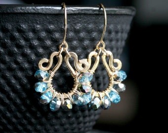 Beautiful blue beaded dangle earrings, 14k gold filled, wire wrapped, hoop, drop earrings, Czech glass, Mimi Michele Jewelry