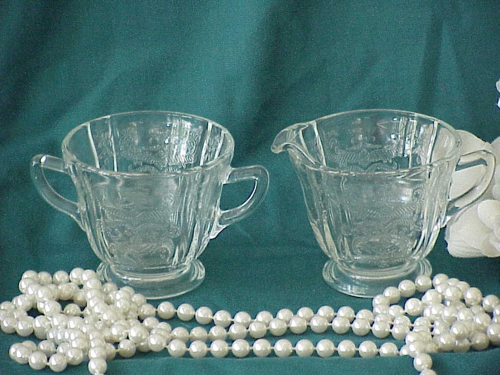 Beautiful Vintage Cottage Pressed Depression Glass Sugar and Creamer