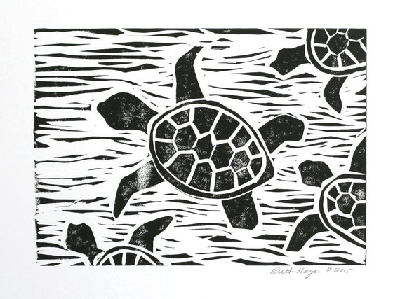 Sea turtle block print 7x5 black original linocut by ruthsartwork