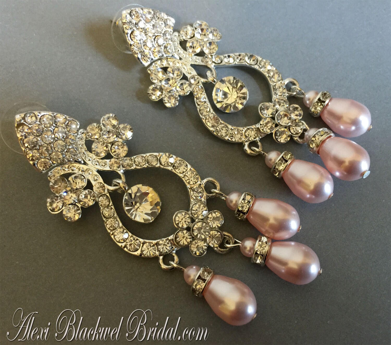 Blush Pearl Earrings in Rosaline Pink Long Rhinestone Bridal
