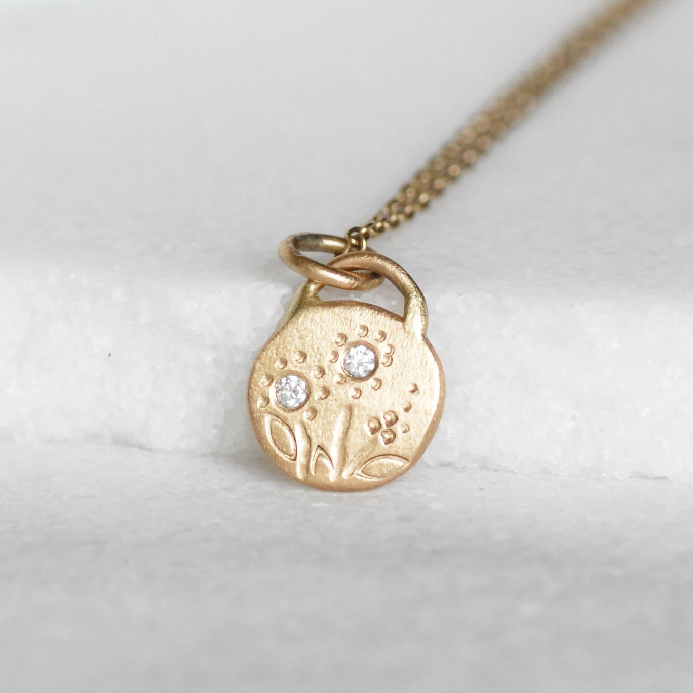 Diamond Disc Necklace Gold and Diamond Pebble Pendant