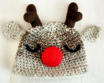 3 to 6m Baby Christmas Hat Reindeer Hat Rudolph Hat Red Nose Reindeer Photo Prop Crochet Reindeer Baby Hat Infant Christmas Hat Costume Gift