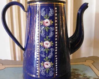 Enameled French COFFEE POT in Blue hand painted ROSES