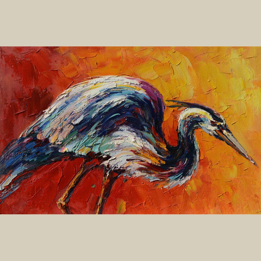 ORIGINAL on canvas Oil Painting Colorful Heron painting Animal