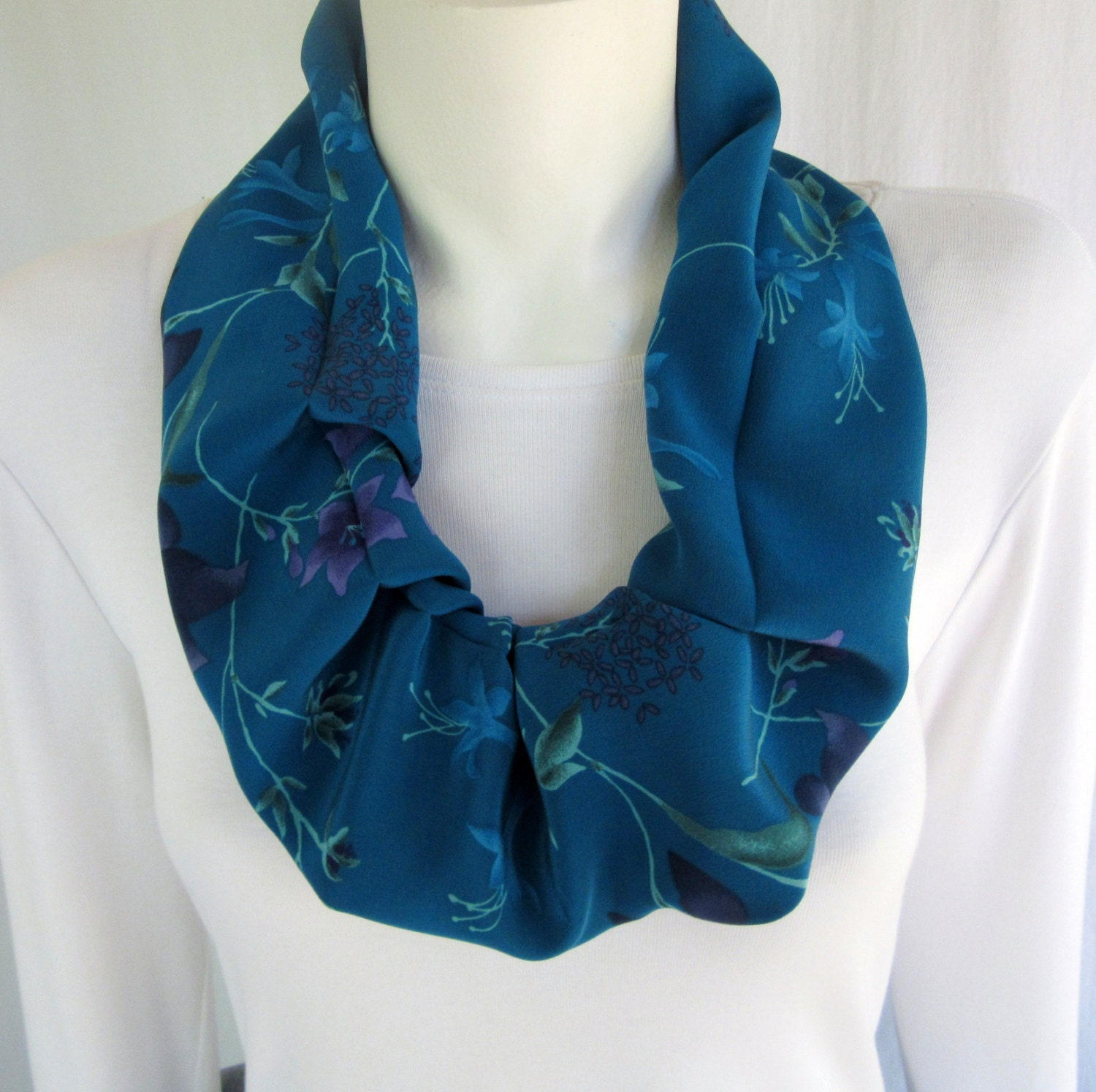 Teal Turquoise Floral Silk Infinity Scarf By Scarfelles On Etsy 6246