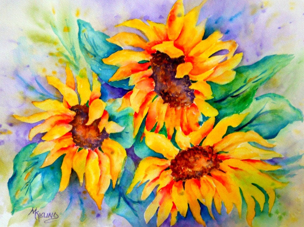 Sunflower Watercolor Trio With Purple by Colorado Artist