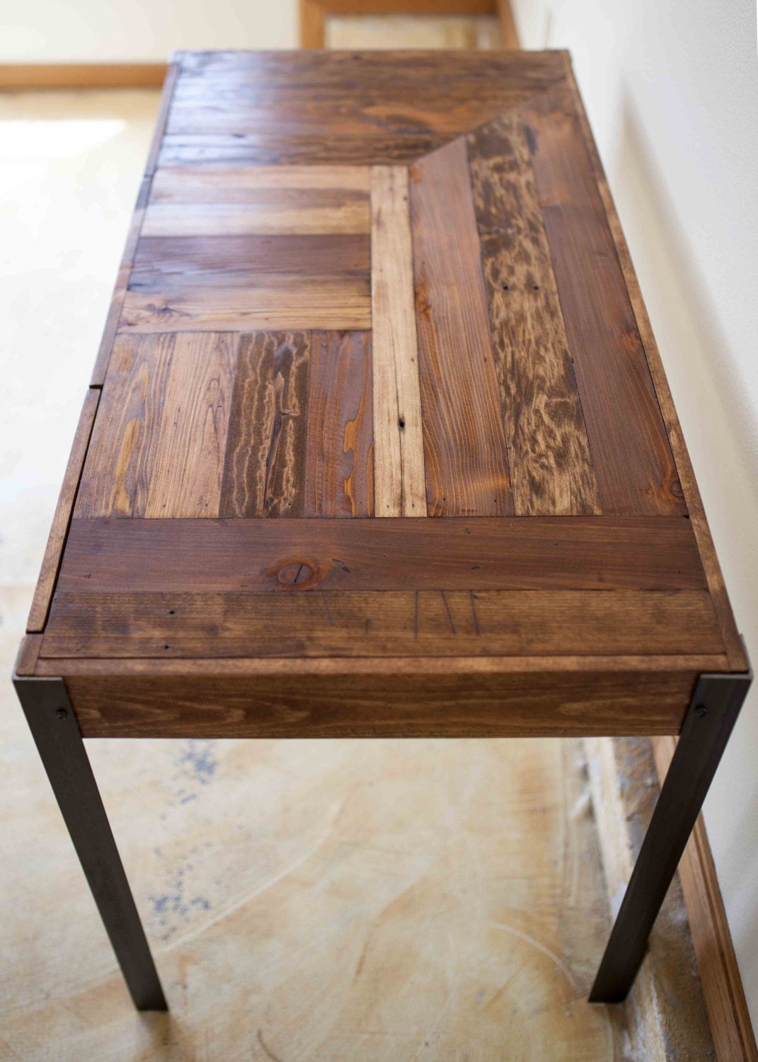 Pallet Wood Desk with Metal Legs and Two Drawers