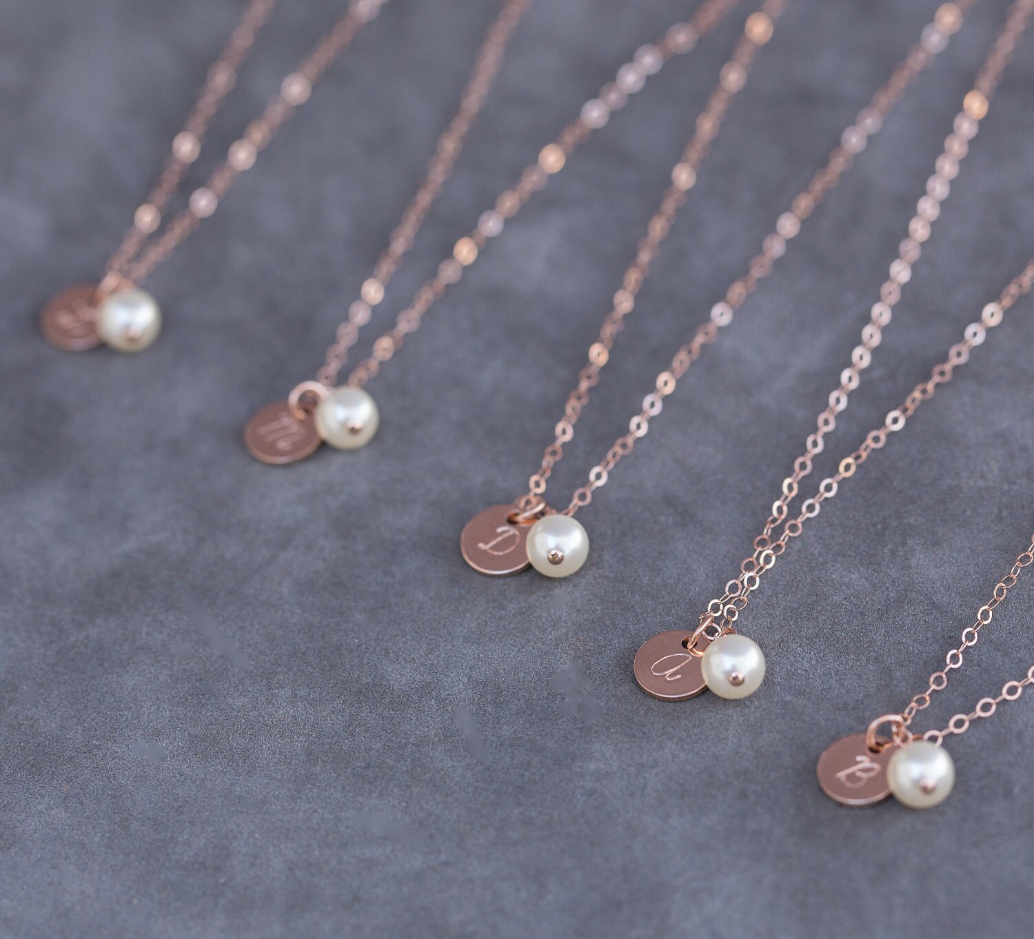 Rose Gold Bridesmaid Necklace Set of 5 Pearl and Initial