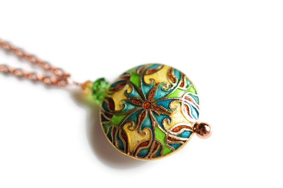 Cloisonné Necklace, Copper Colored Necklace, Swarovski Necklace, Green and Blue Necklace, Enamel Necklace