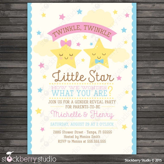 Twinkle Twinkle Little Star Gender Reveal Invitation Printable Baby 