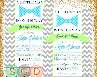 Little Man Baby Shower Invitation - Baby Boy Blue Green Navy Blue Bowtie Little Man Invite DIY Printable Invite PDF (Item #77)