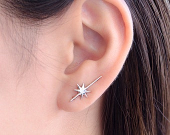Falling Star Ear Climbers, Sterling Silver, Gold Plated, Edgy Pin Earrings, Striking Star Ear Wrap, Minimalist Gift for Her, LUNAI ECF015