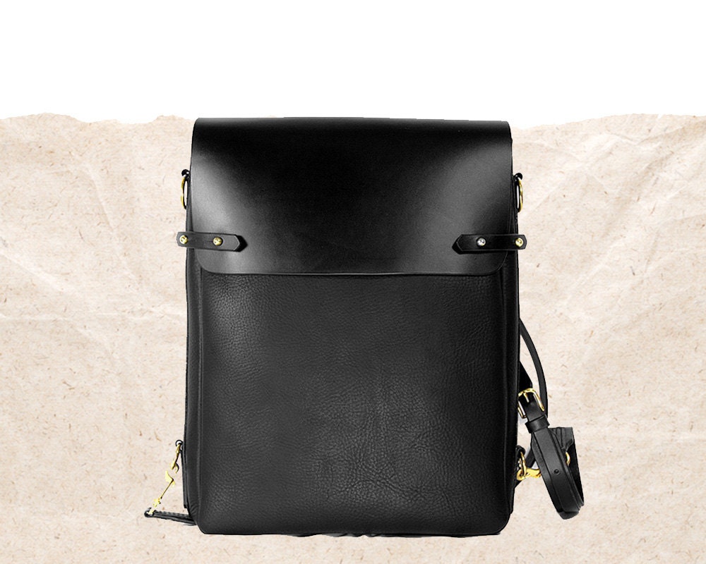 Black leather satchel backpack vertical bag messenger