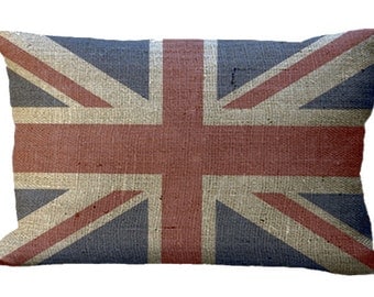 Burlap Union Jack Lumbar Oblong or Square in Choice of 18x12 20x13 22x12 24x16 16x16 18x18 20x20 22x22 24x24 26x26 Inch Pillow Cover