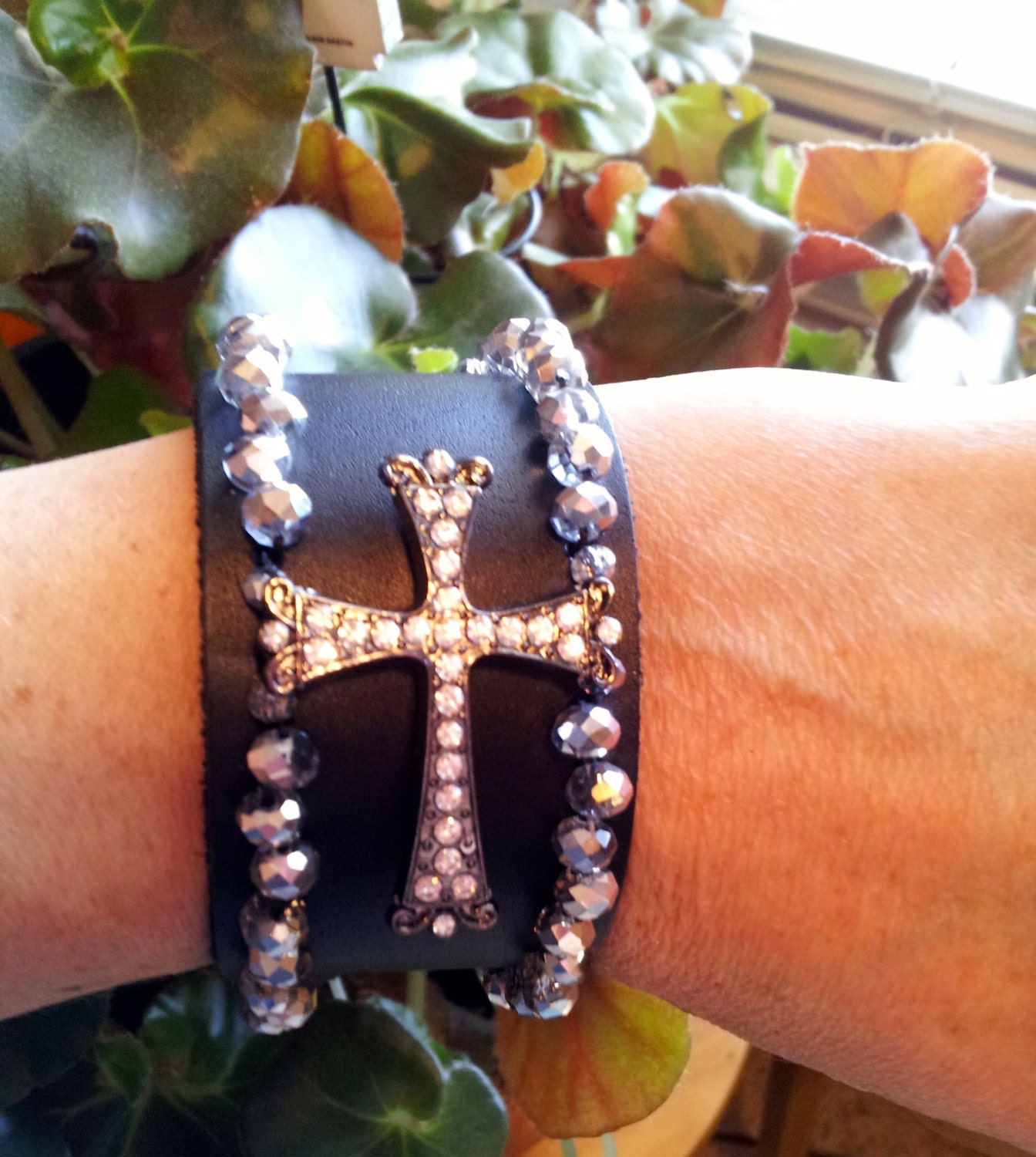 Wide Black Leather Strap Bracelet