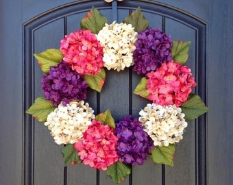 Hydrangea Wreath Spring Wreath Summer Wreath Grapevine Door Wreath Pink Purple Cream Hydrangea Floral Door Decoration Indoor Outdoor Decor