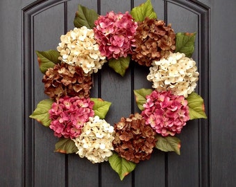 Spring Wreath Summer Wreath Grapevine Door Wreath Decor Mauve Brown Cream Hydrangea Floral Door Decoration Indoor/Outdoor Decoration