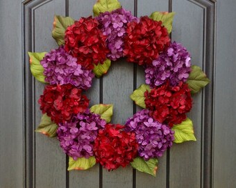 Hydrangea Wreath Spring Wreath Summer Wreath Grapevine Door Wreath Red Purple Hydrangea Floral Door Decoration Indoor Outdoor