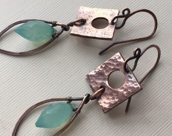 Copper earrings with aqua blue chalcedony- wirewrapped dangle earrings