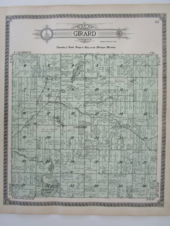 1915 GIRARD Township MI Plat Map. Branch Co. Ancestor