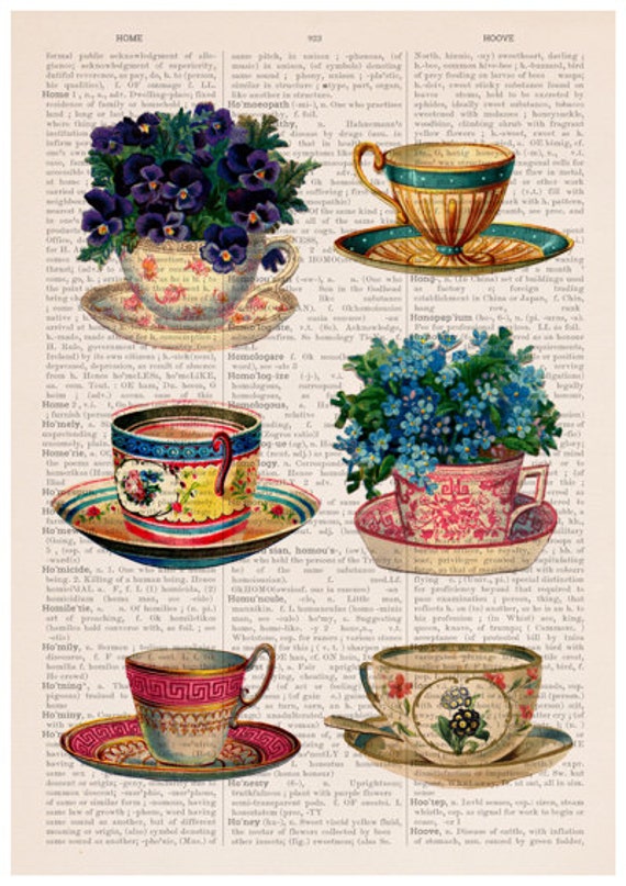 Vintage tea cups collection poster Tea cup art Kitchen art